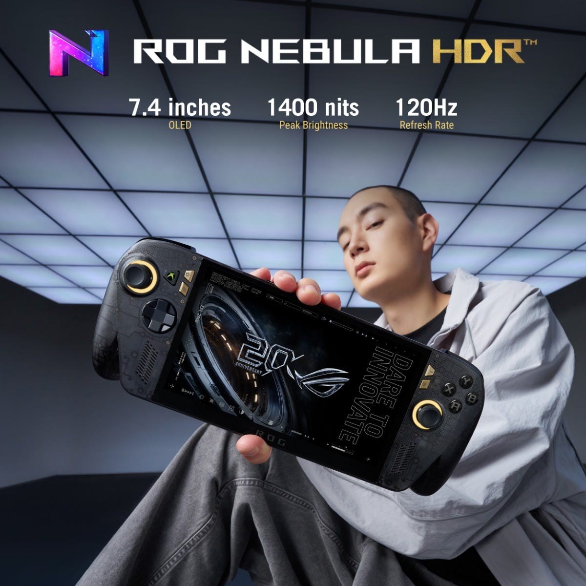 Gamer holding the ROG Xbox Ally X20 with its 7.4-inch Nebula HDR OLED screen