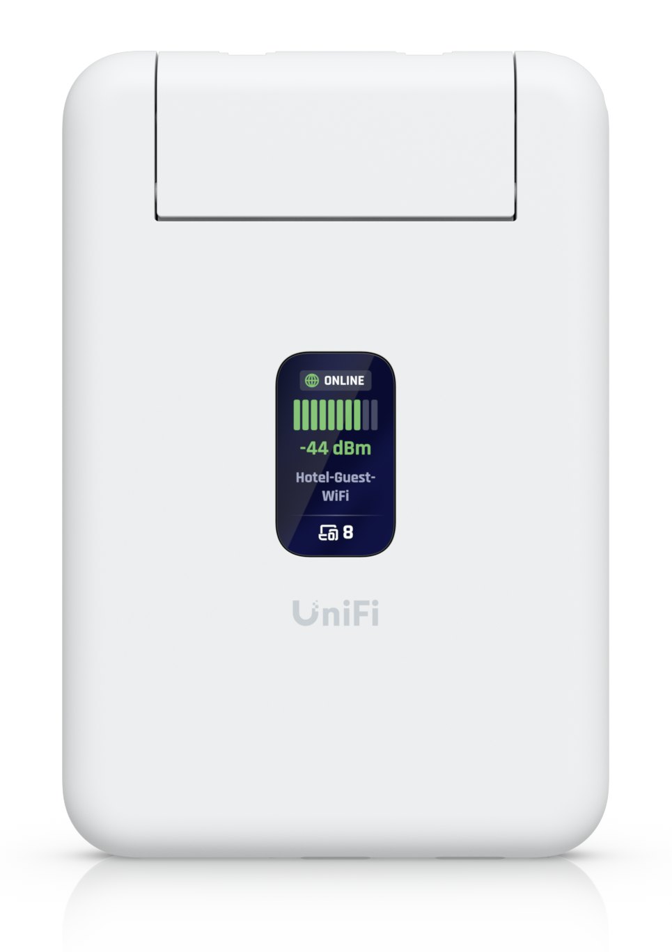 Front of the white UniFi Travel Router showing its small color status display