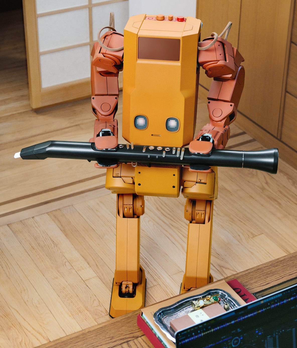 Full body view of the mustard yellow Voxel robot holding a clarinet with both arms