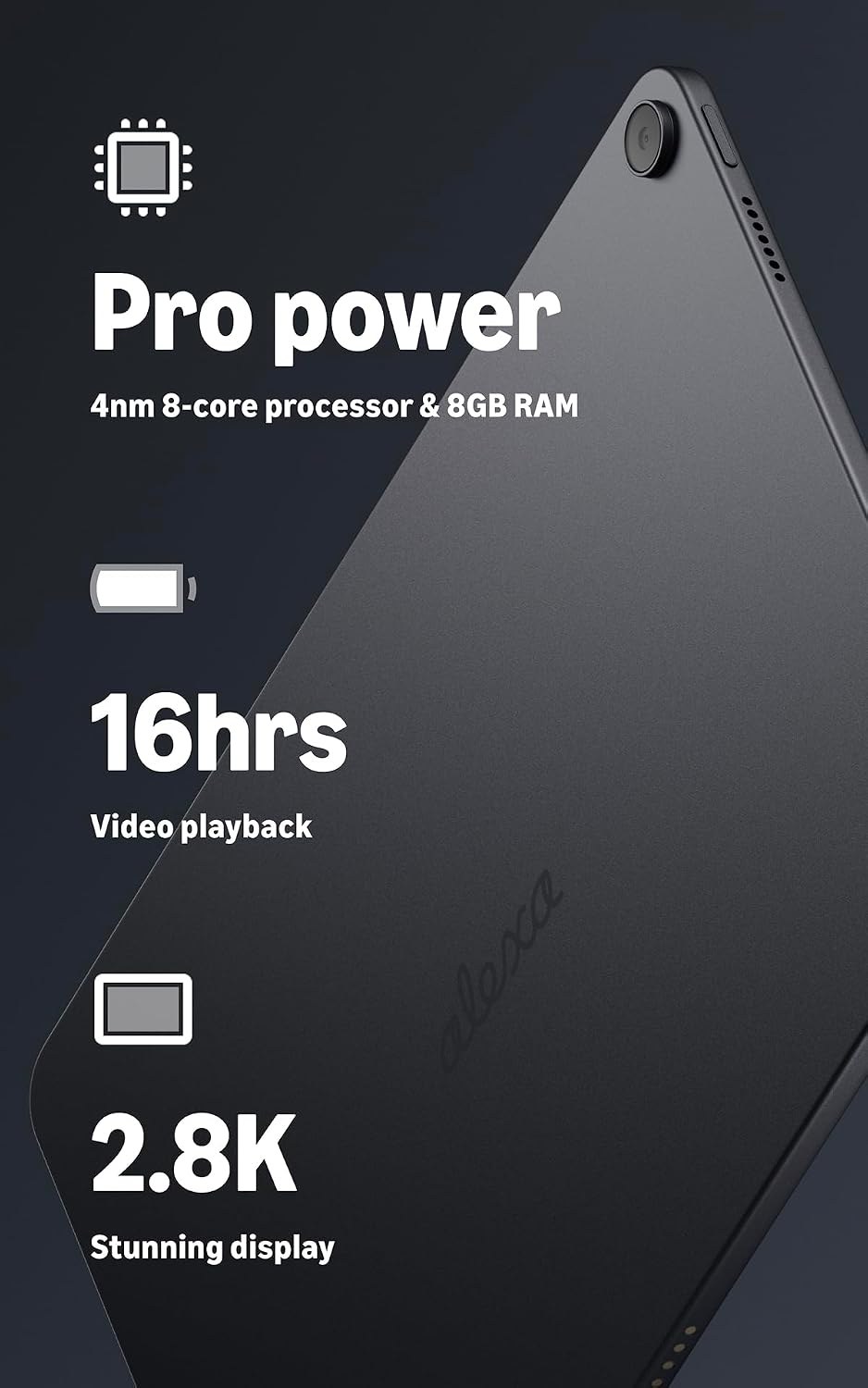 Back of the Alexa Tablet 12 Pro aluminum unibody with spec callouts