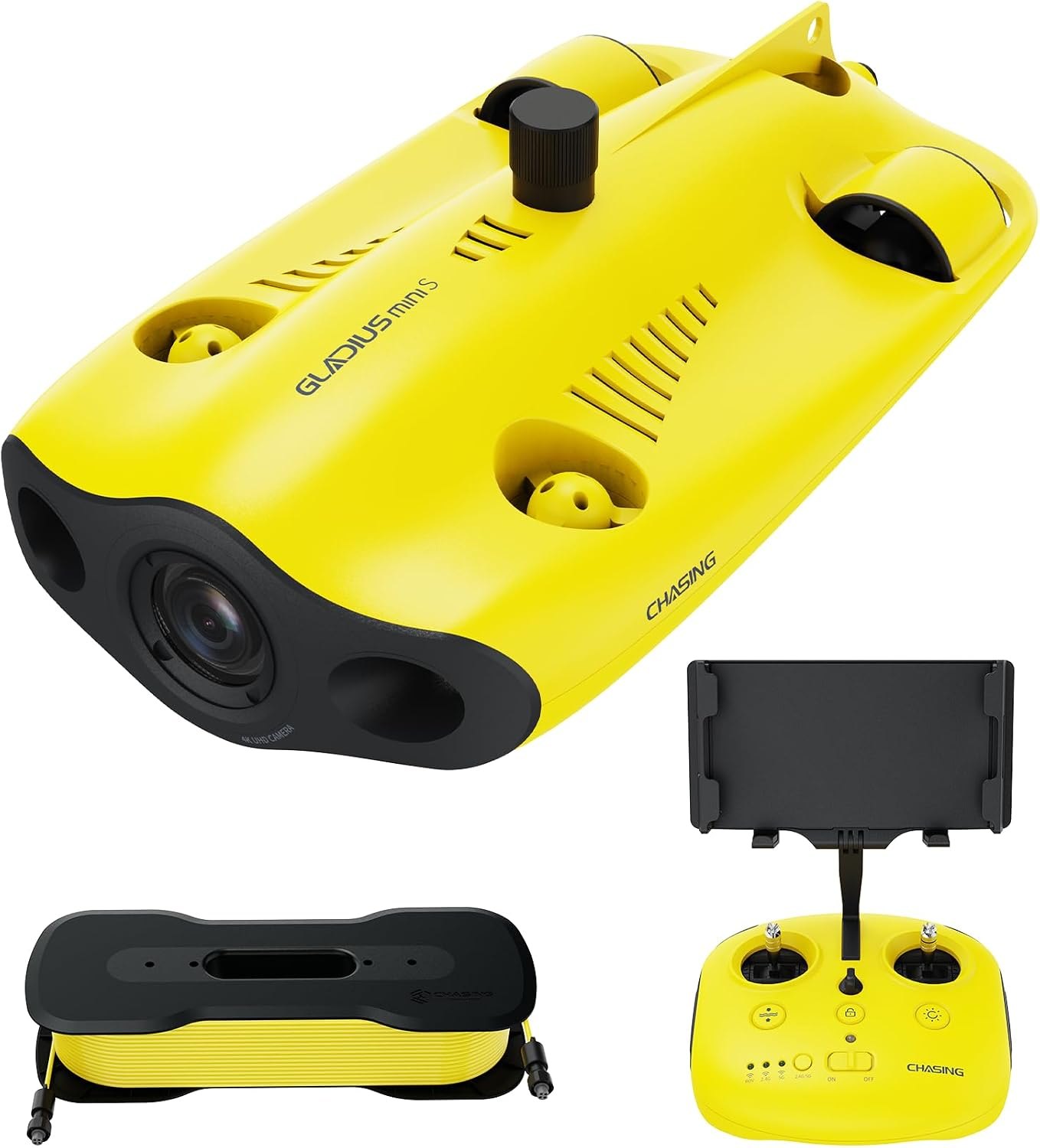 CHASING Gladius Mini S base kit in yellow with the drone, tether reel and remote controller with phone holder