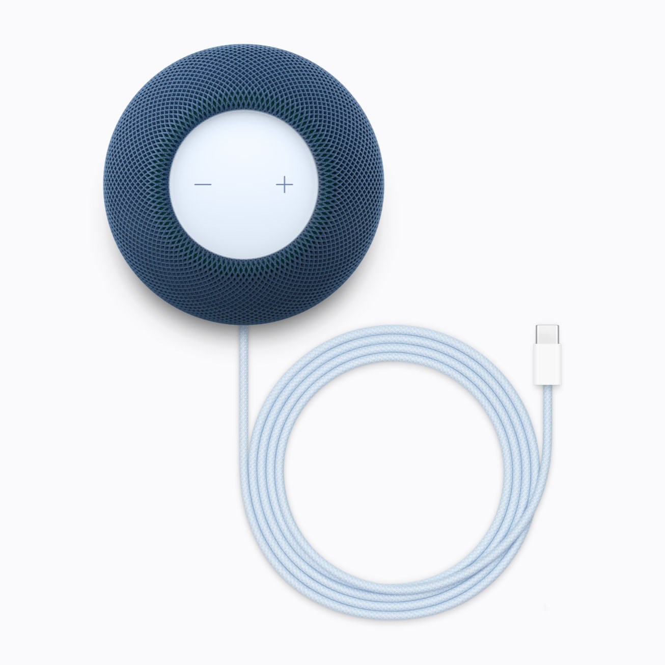 Blue HomePod mini 2 with its woven USB-C cable