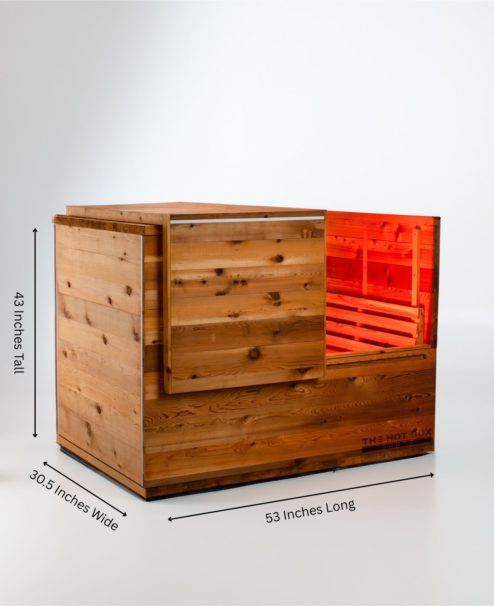 The Hot Box Sauna Standard with dimension lines showing 53 inches long, 30.5 inches wide and 43 inches tall