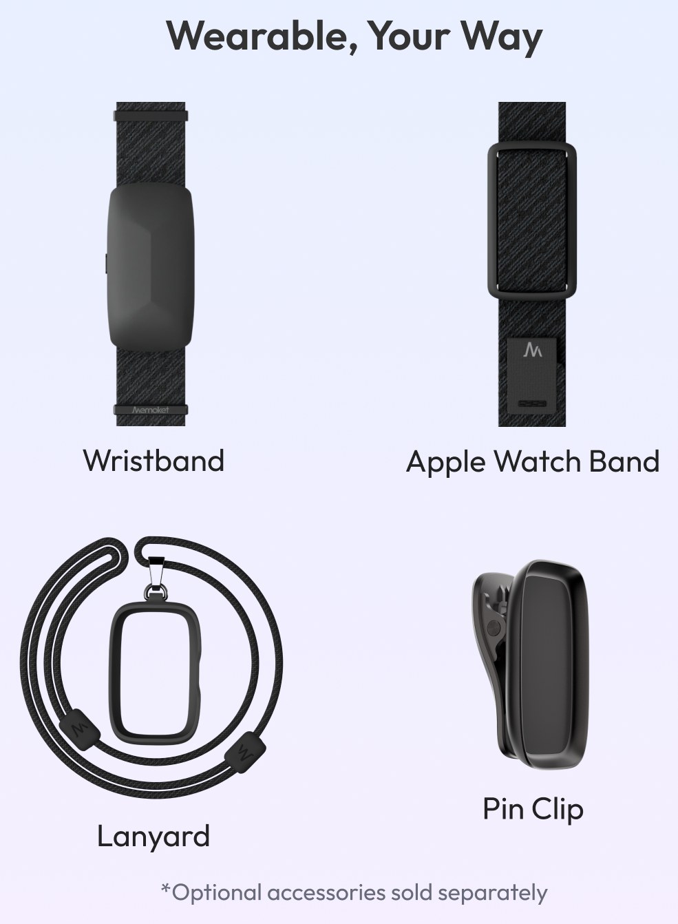 Memoket Gem four ways to wear: wristband, Apple Watch band, lanyard and pin clip