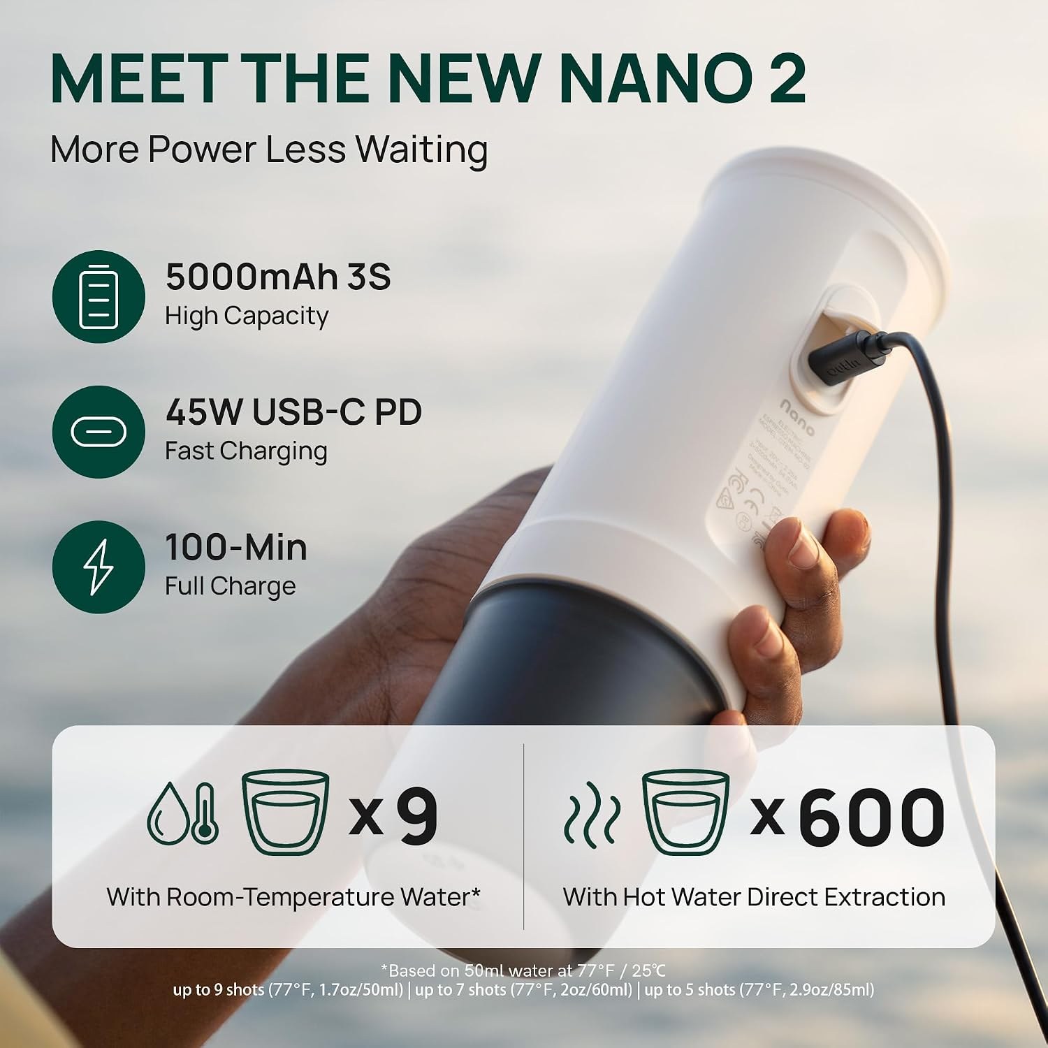 OutIn Nano 2 charging over USB-C with 5,000 mAh battery callouts