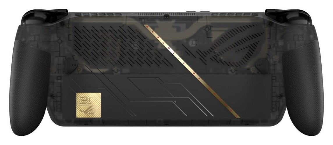 Translucent back of the ROG Xbox Ally X20 with gold accents