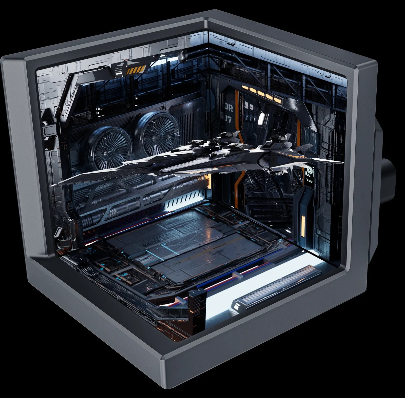 TCOMAS EXIT D3 Pro pump head showing a glasses-free 3D scene across three screens