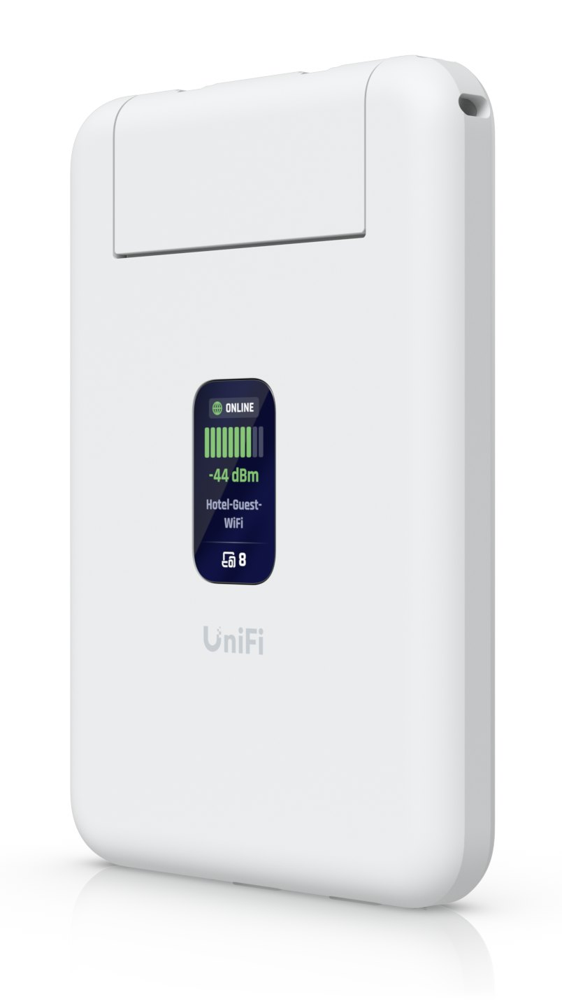 Angled side view of the slim white UniFi Travel Router with its status display lit