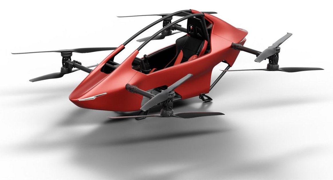 Red YIVTOL S-Zero eVTOL studio render showing the open canopy frame, single seat and eight rotors