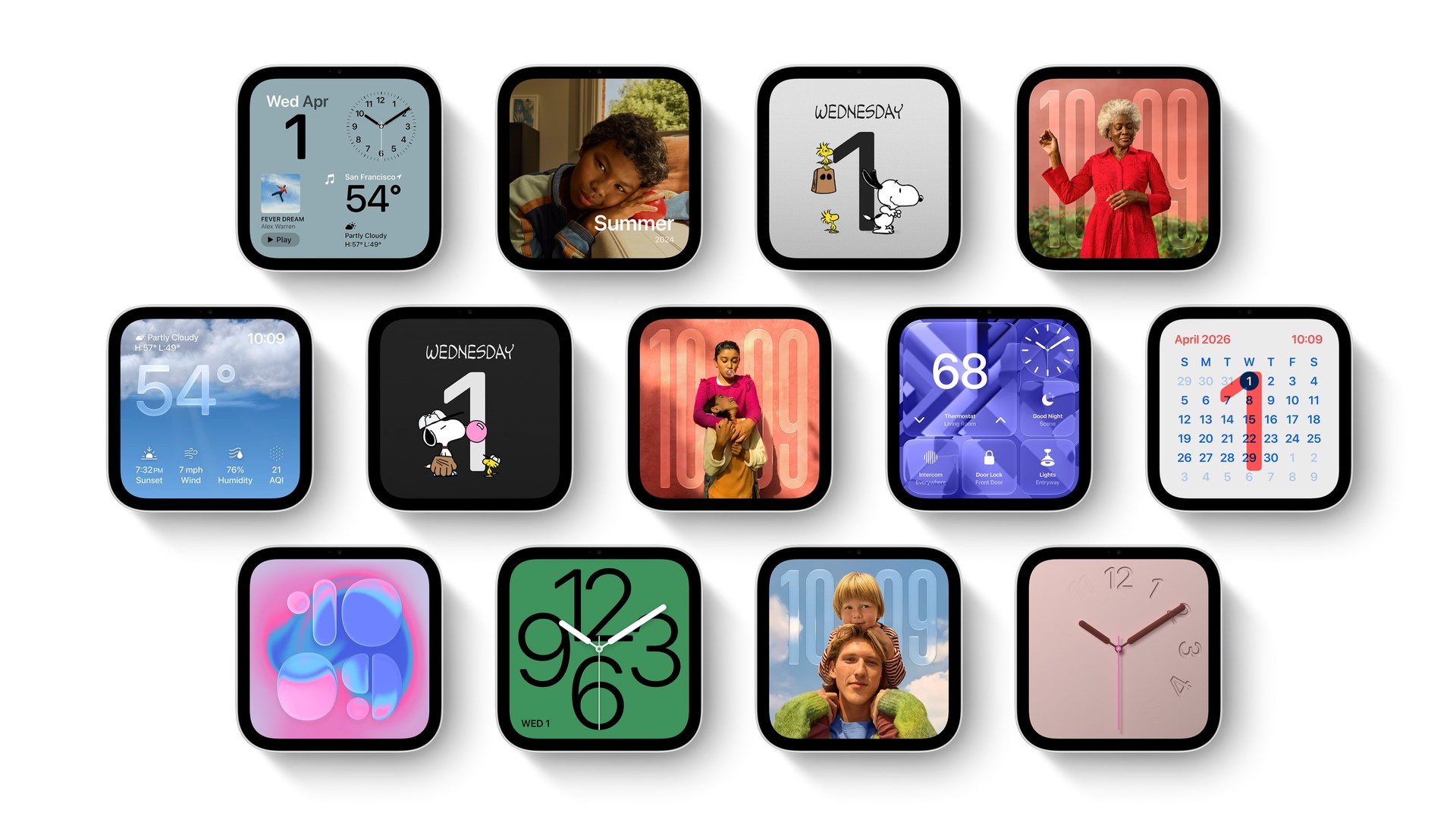 Grid of Apple HomeView faces including clock, weather, photos and Snoopy
