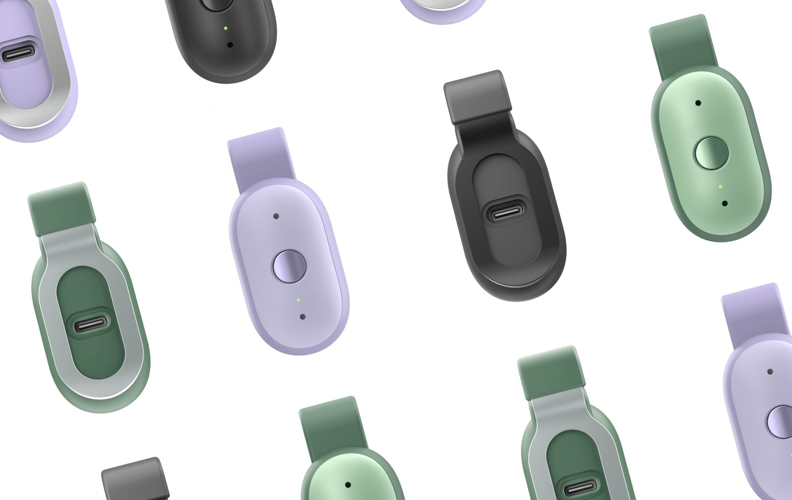 Bee Frontier pods in Onyx, Lavender and Sage attached to their clip accessories
