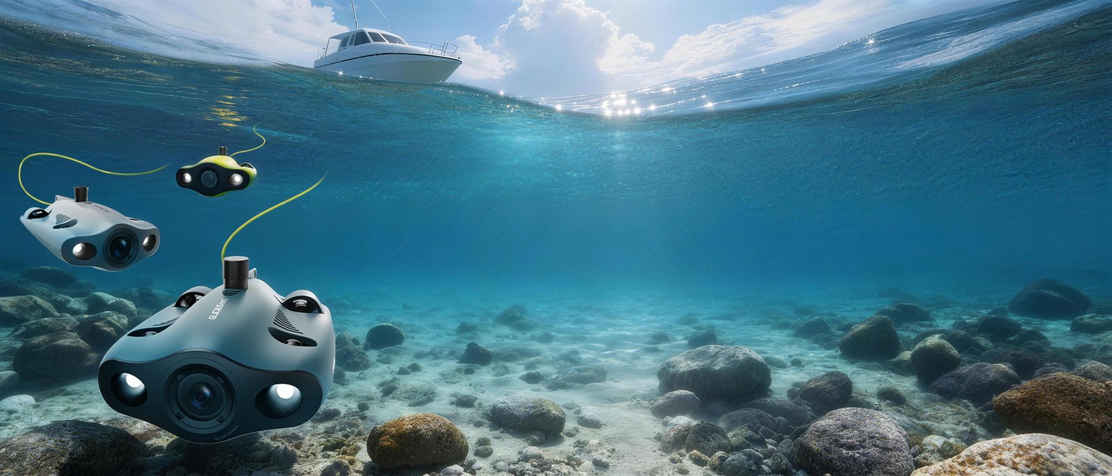Three CHASING Gladius Mini S underwater drones on their tethers exploring a rocky seabed below a boat
