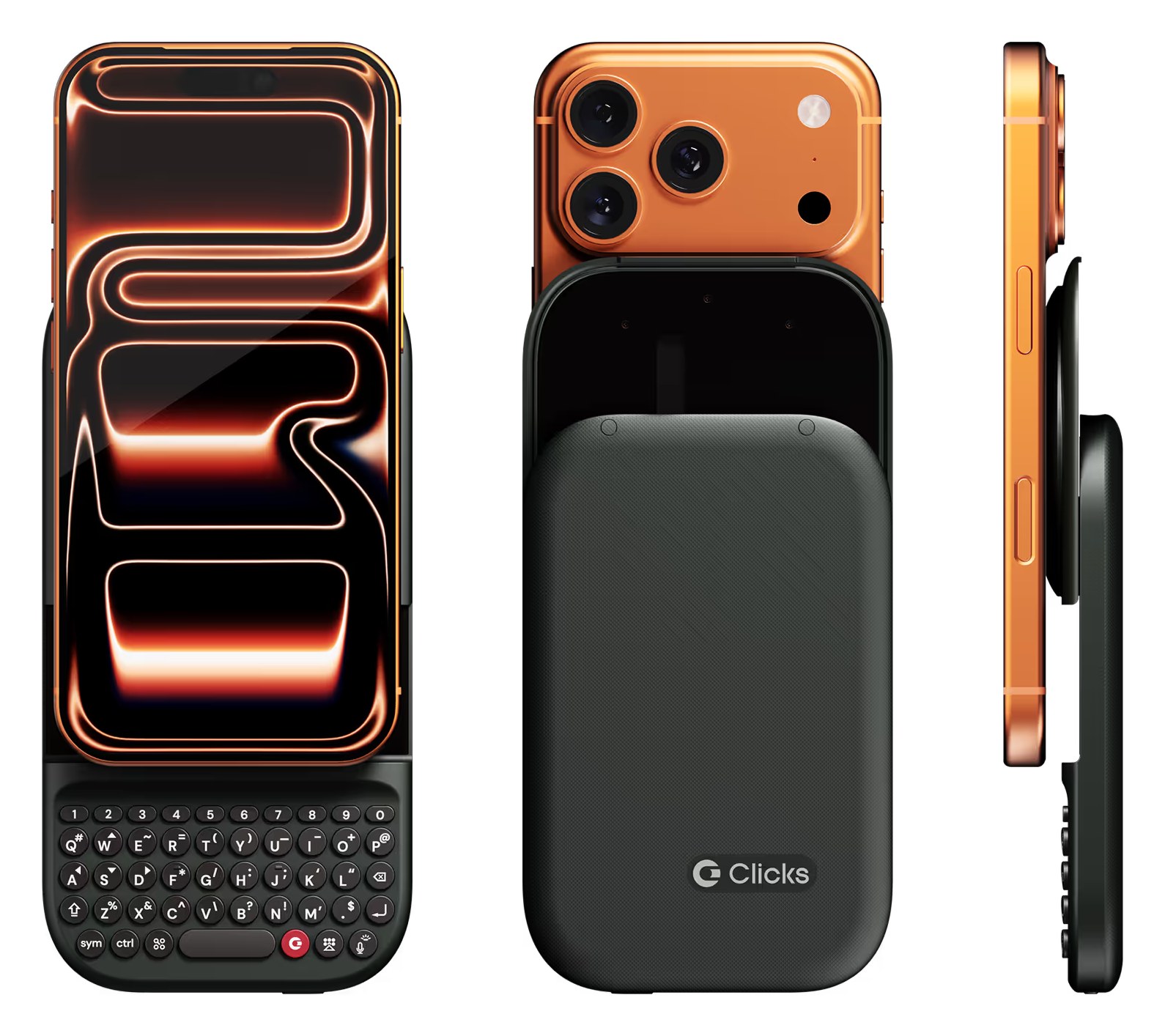 Clicks Power Keyboard attached to an iPhone 17 Pro, front, back and side views