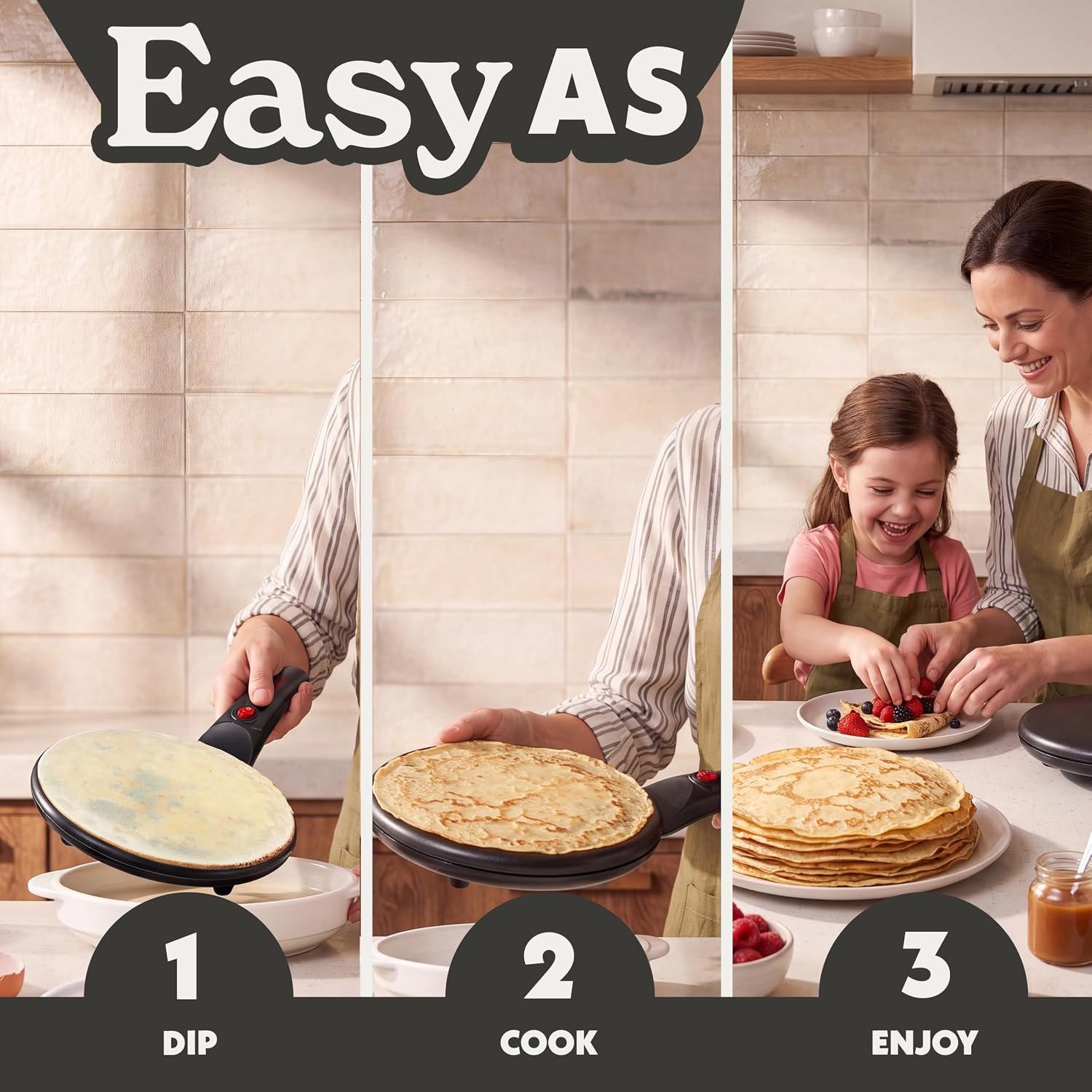Gourmia crepe maker shown in three steps: dip in batter, cook and enjoy a stack of crepes