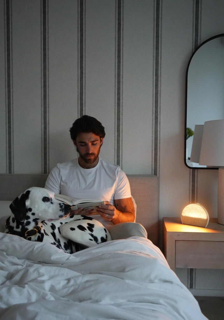 Man reading in bed with his dog next to a glowing Hatch Sleep Clock
