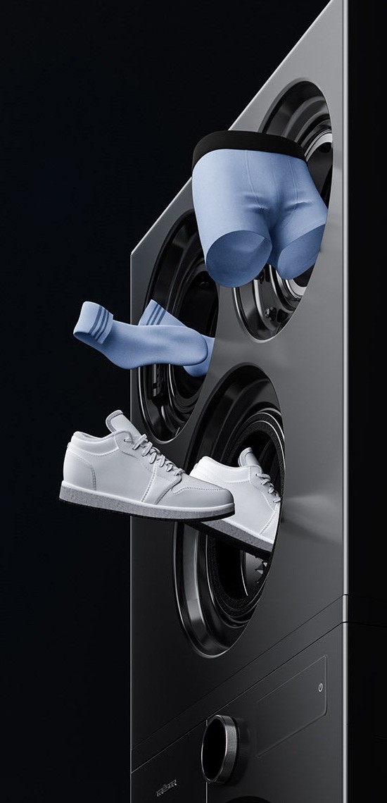 Hisense U7S render showing underwear, socks and sneakers going into separate drums above the main washer