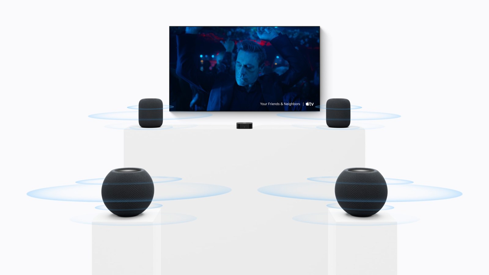 Four HomePod mini 2 speakers in surround setup with Apple TV 4K