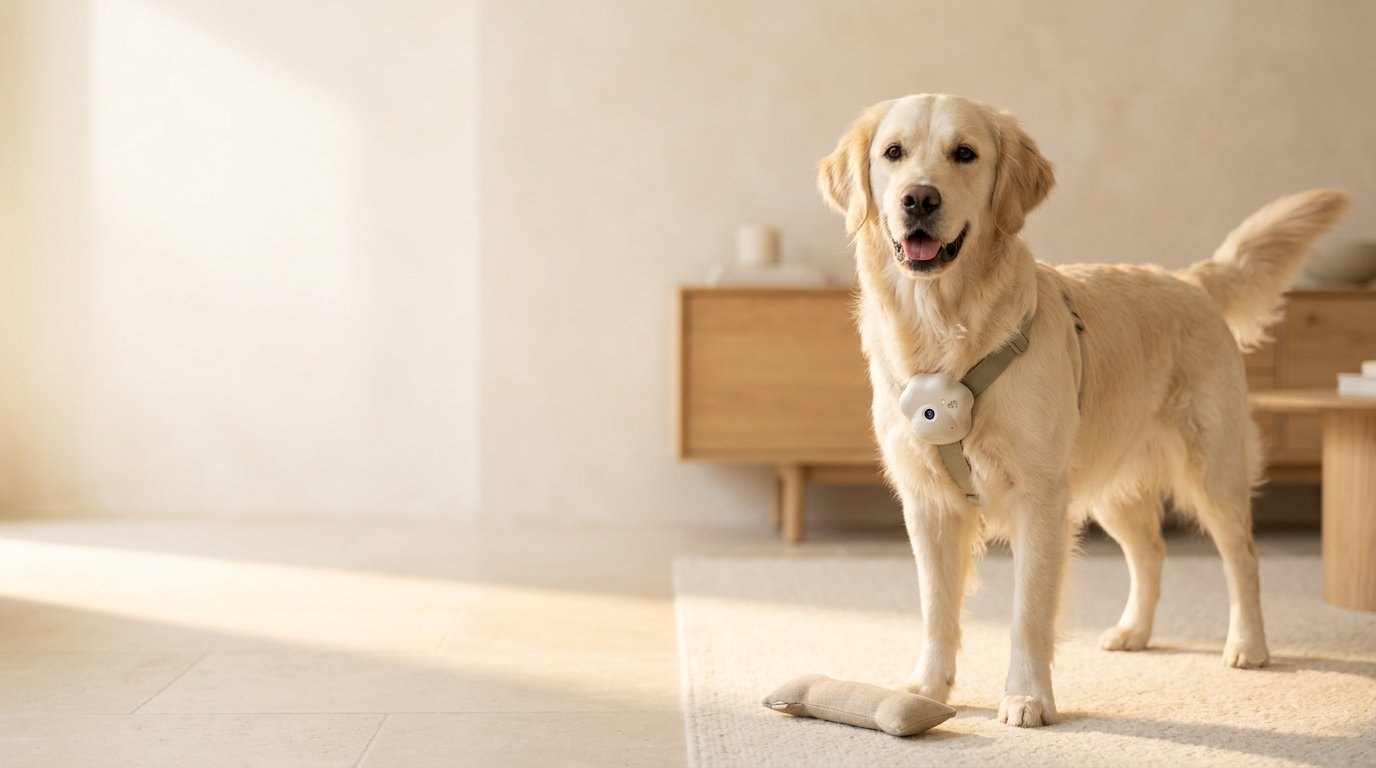 Golden retriever wearing an Ouren M1 indoors