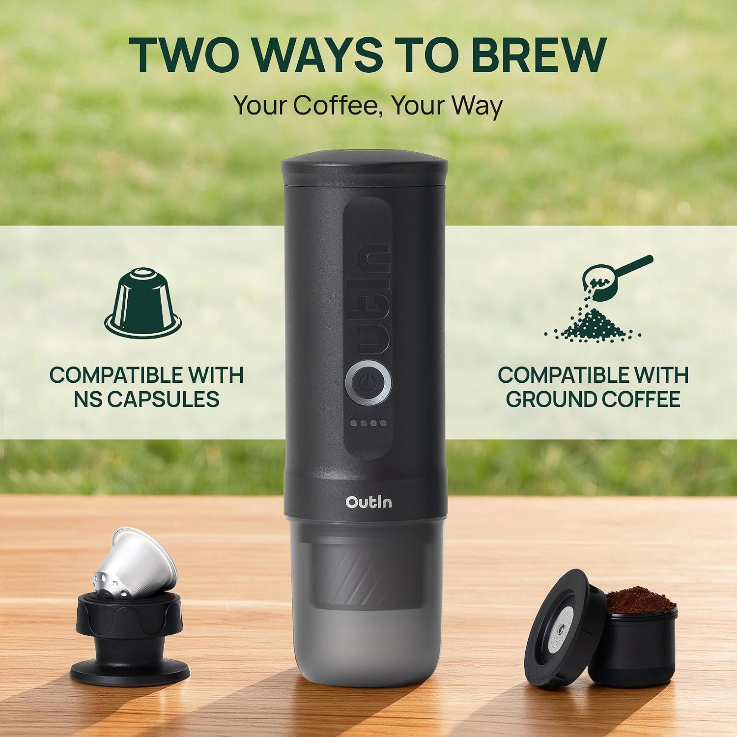 OutIn Nano 2 with a capsule adapter and a ground coffee basket