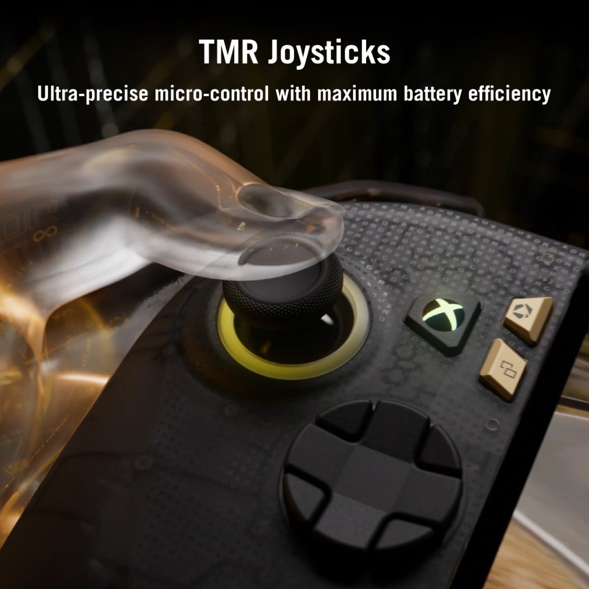 Close-up of the TMR joystick and transforming D-pad on the ROG Xbox Ally X20