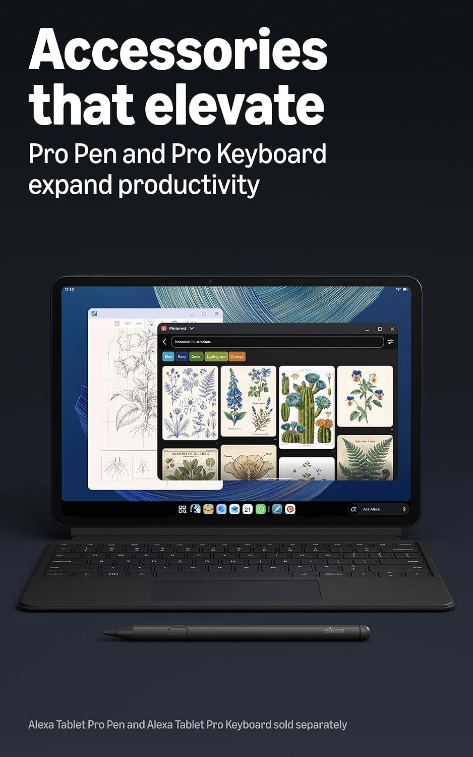 Alexa Tablet 12 Pro docked in the Pro Keyboard with the Pro Pen