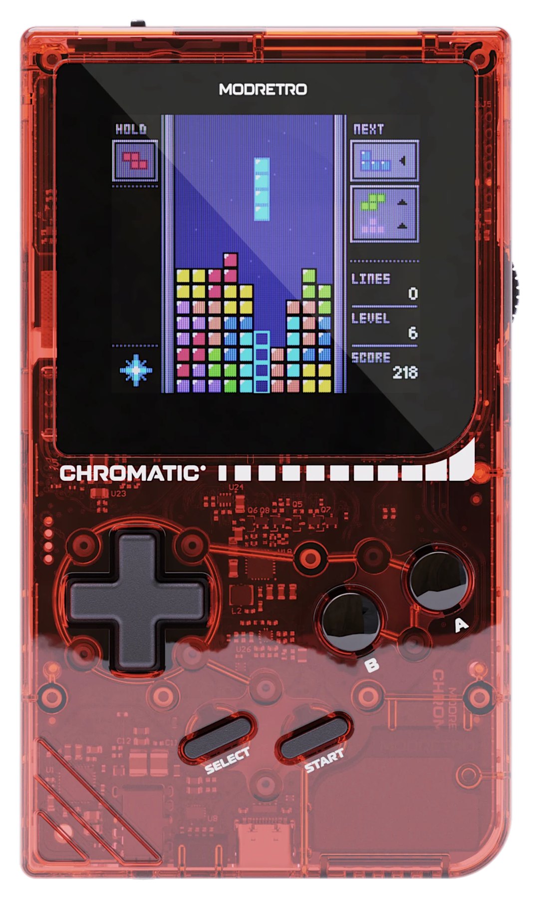 Chromatic Transparent in Red showing the circuit board through the shell