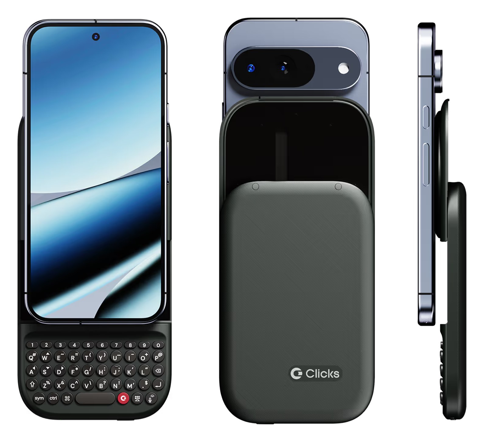 Clicks Power Keyboard on a Google Pixel 10 Pro, front, back and side views