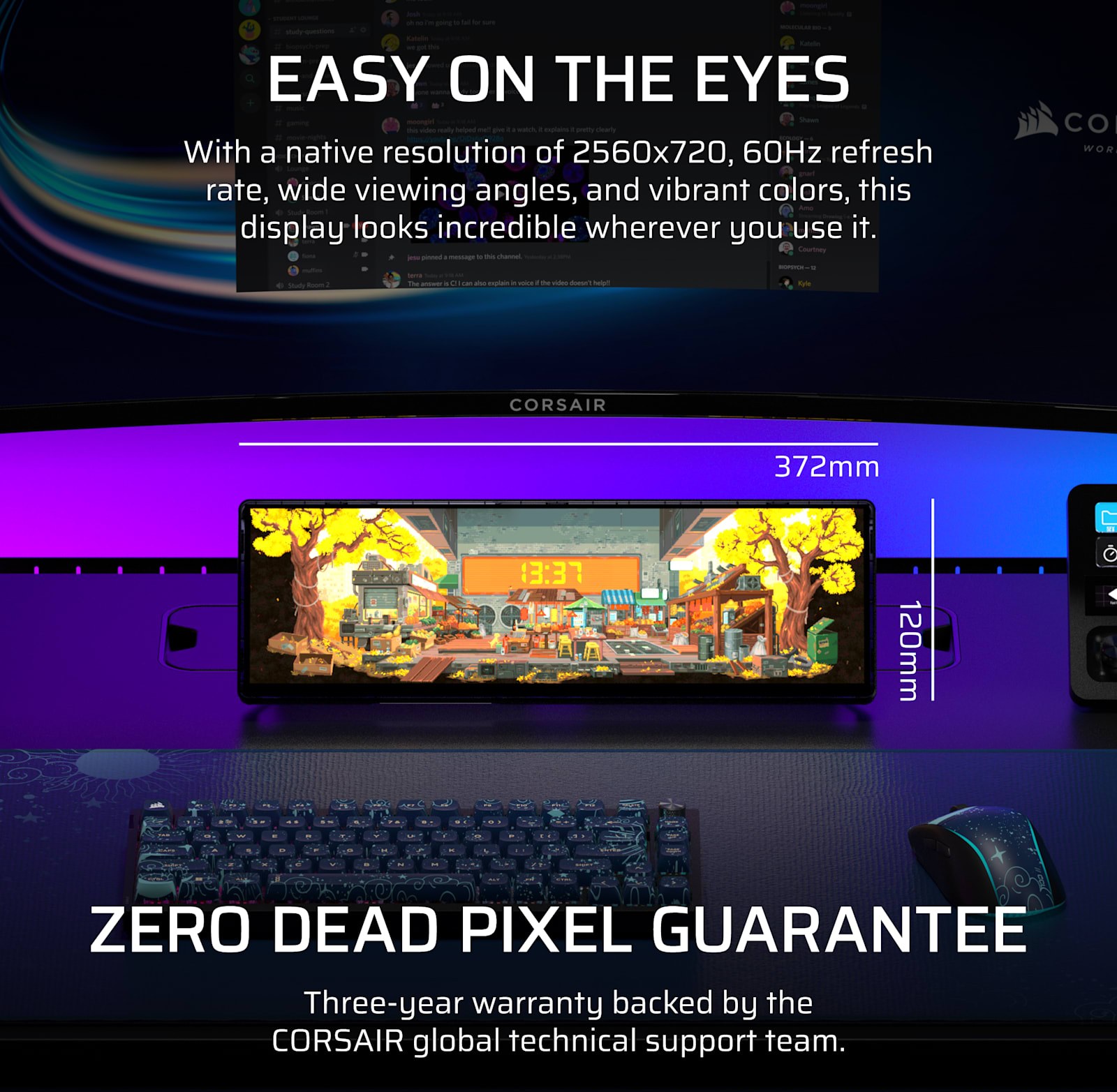 XENEON EDGE 2560x720 ultrawide panel showing a pixel art scene below a monitor