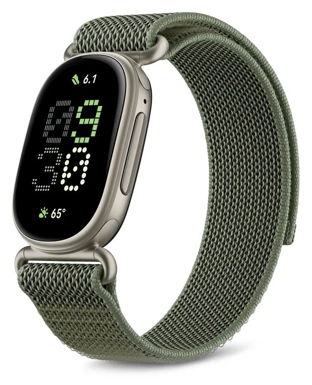Fitbit Edge in Satin Pyrite with an olive Performance Loop band