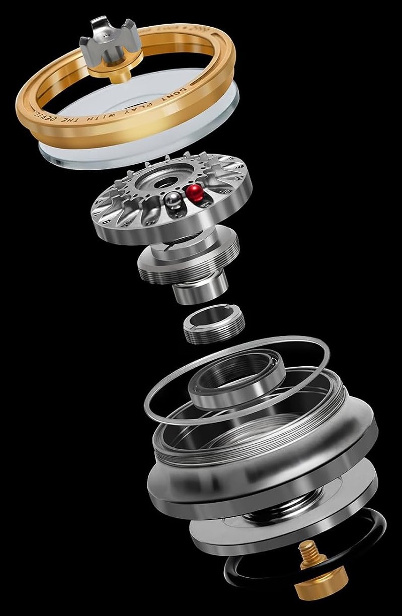 Exploded view of the Hammersmith Carnival Roulette showing its rotors, bearings and glass lid