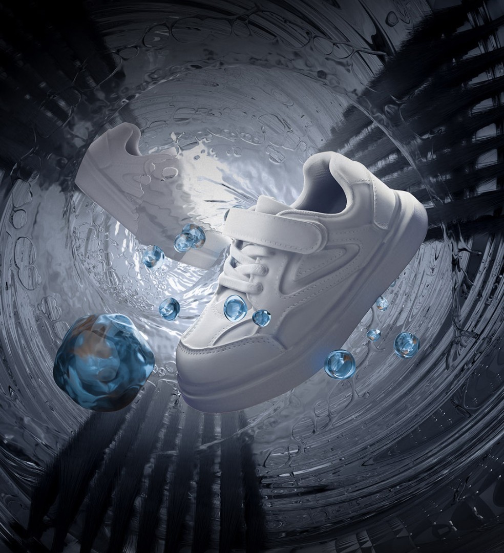 White sneakers tumbling inside the Hisense U7S shoe drum