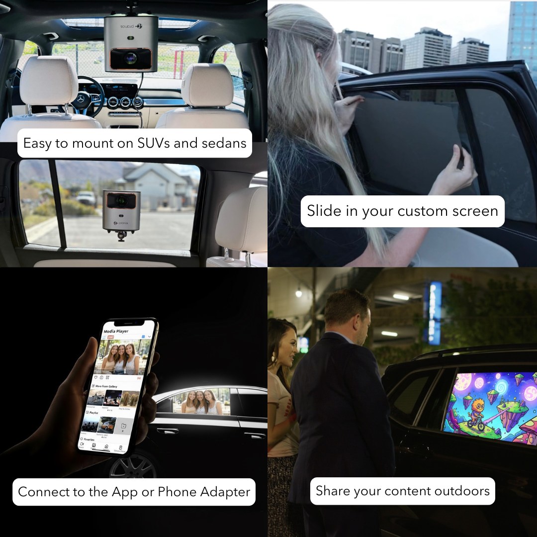Pranos HoloGlass setup steps: mount the unit, slide in the screen, connect the app