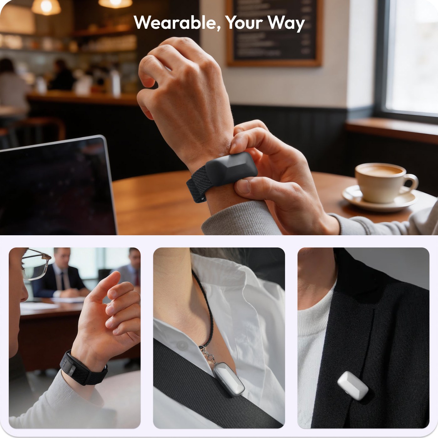 Memoket Gem worn on the wrist at a cafe and as a pendant and clip