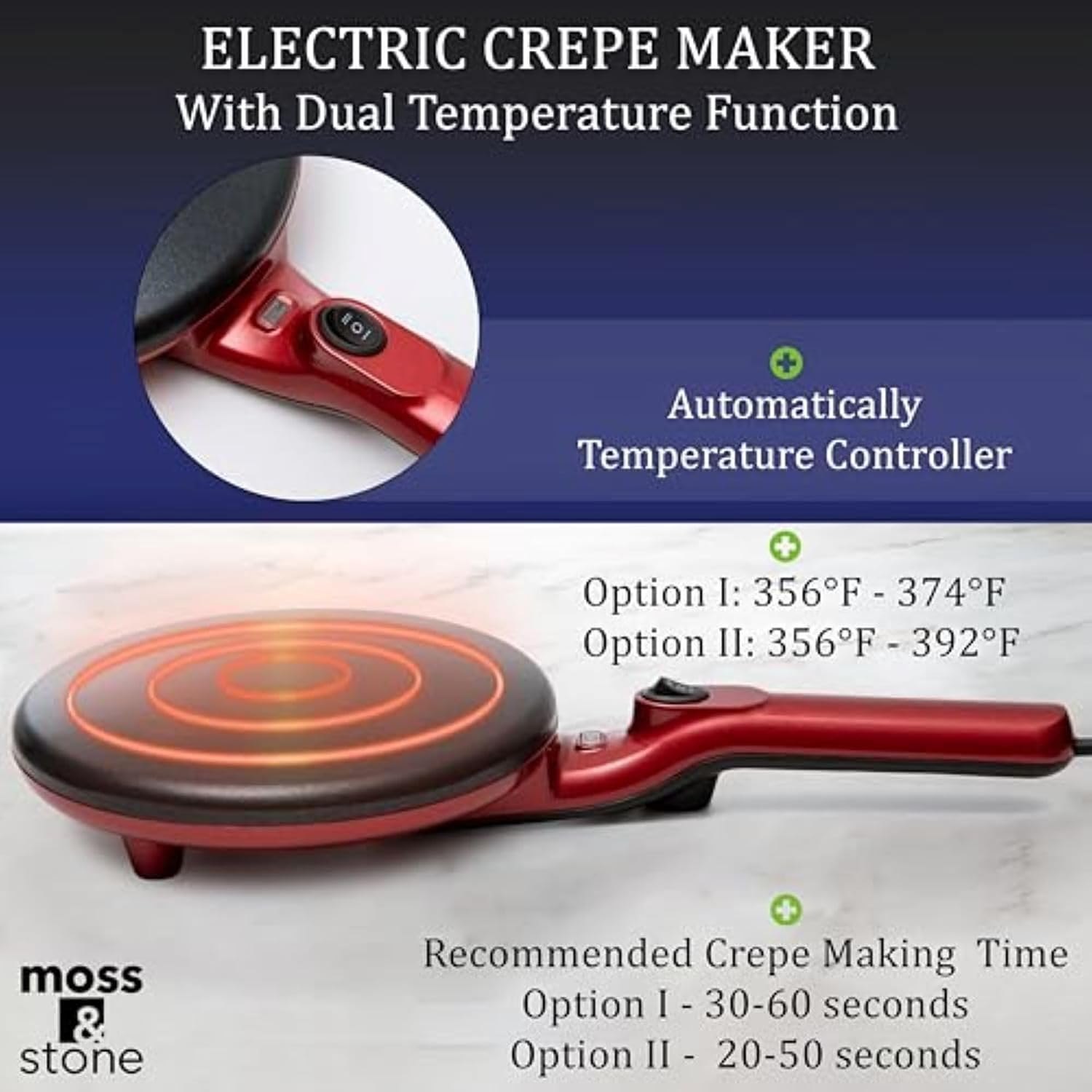 Moss and Stone electric crepe maker heating plate with its dual temperature settings and crepe cooking times
