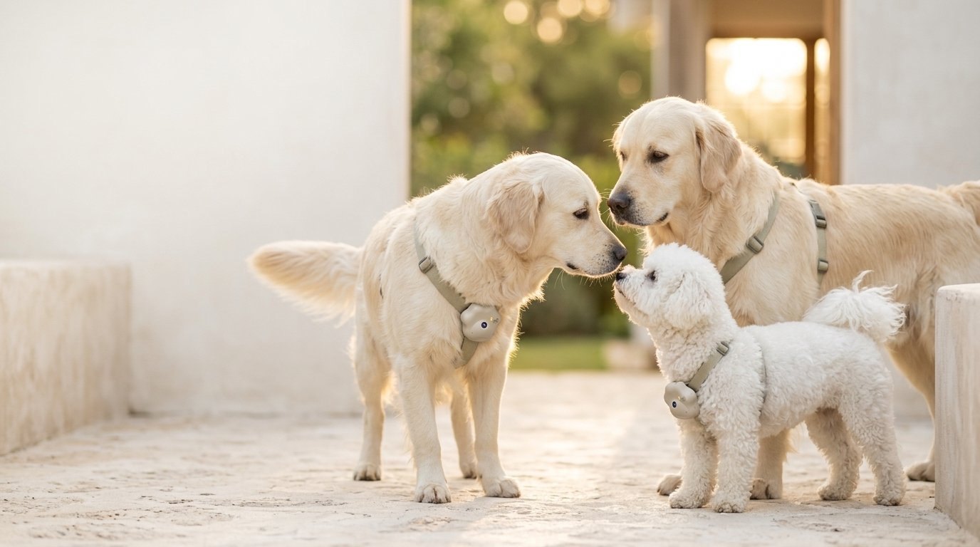Two dogs wearing Ouren M1 cameras meeting a small white dog