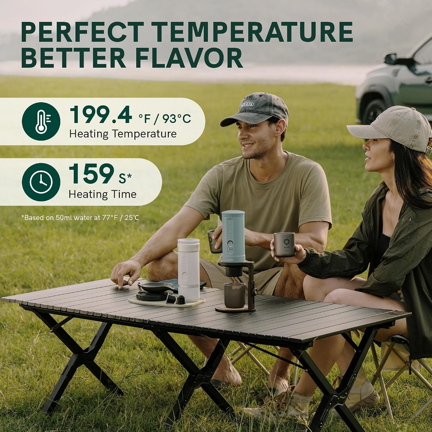 Two campers brewing espresso with the OutIn Nano 2 at a picnic table