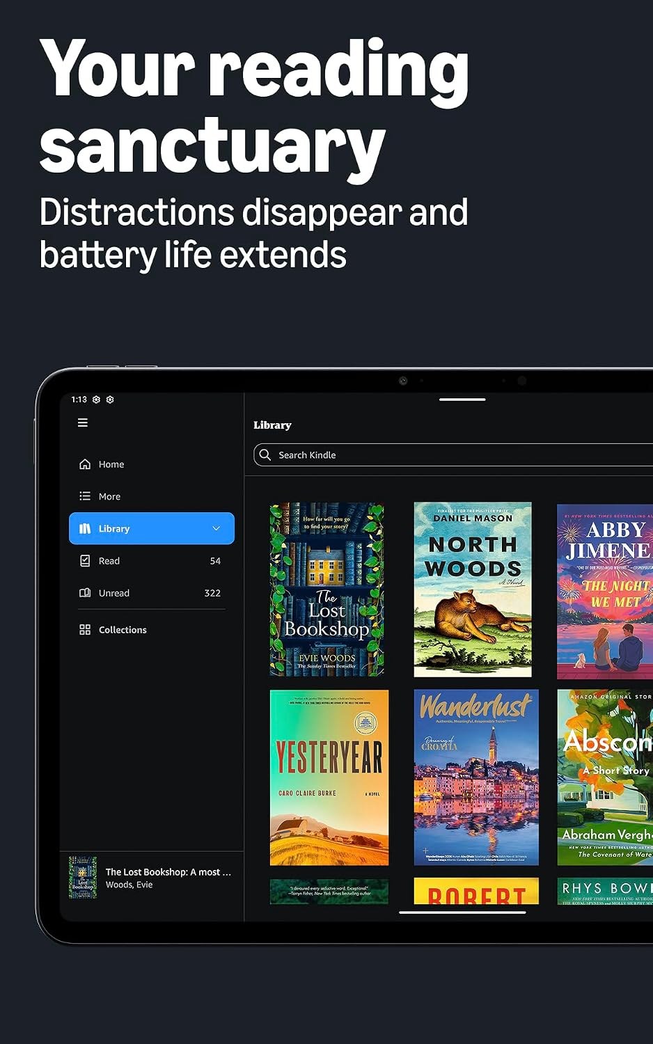 Kindle library on the Alexa Tablet 12 Pro in reading mode
