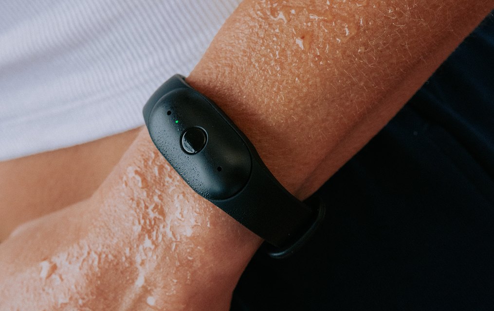Sweaty wrist wearing the IP67 water-resistant Bee Frontier band