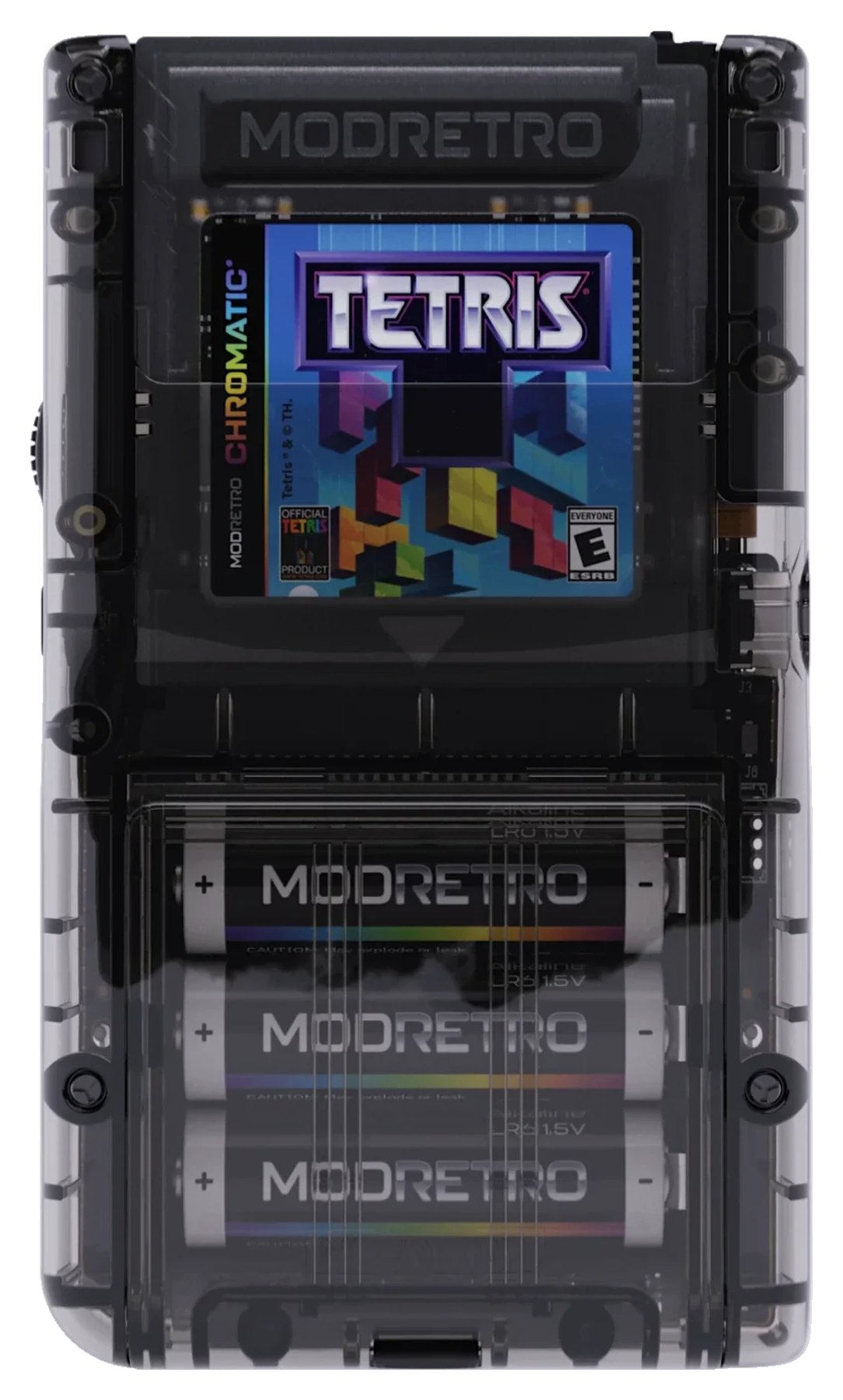 Back of the Smoke Chromatic Transparent with a clear Tetris cart and AA batteries
