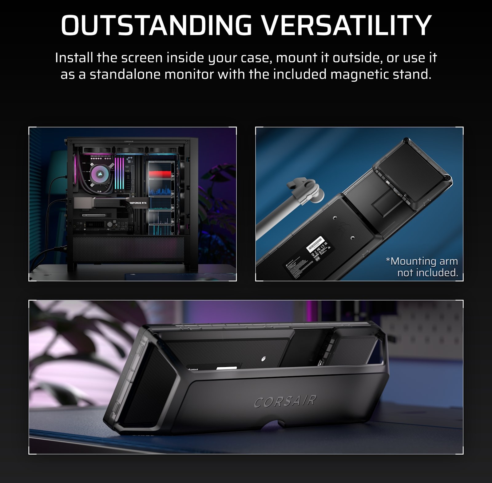 XENEON EDGE mounted inside a PC case, on a case side and on its desk stand