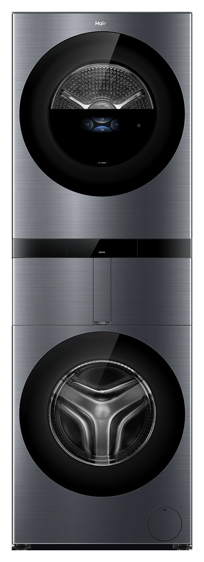Haier Laundry Care Hub four-drum washer with the dryer on top and the washer below