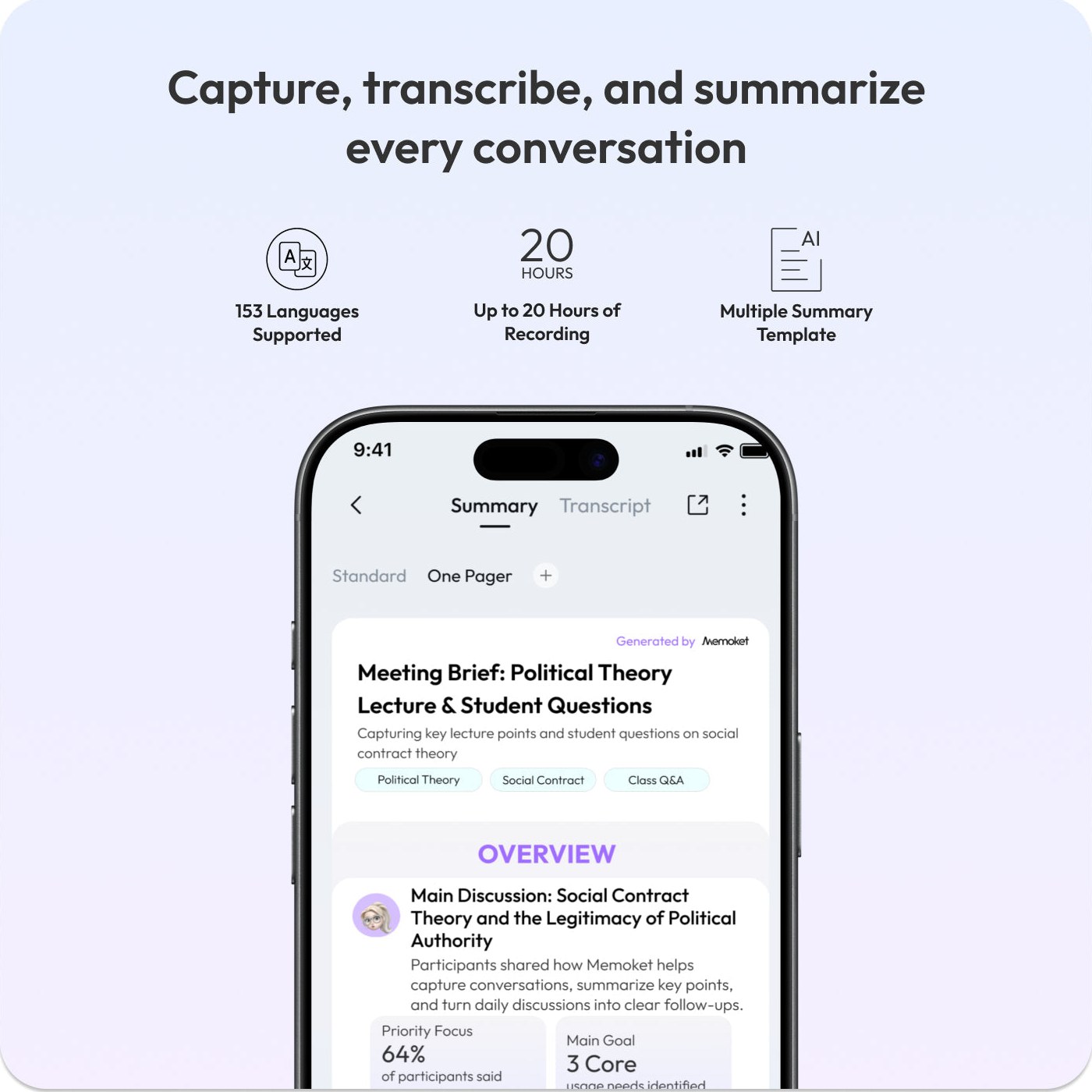 Memoket app showing a meeting summary and transcript on a phone
