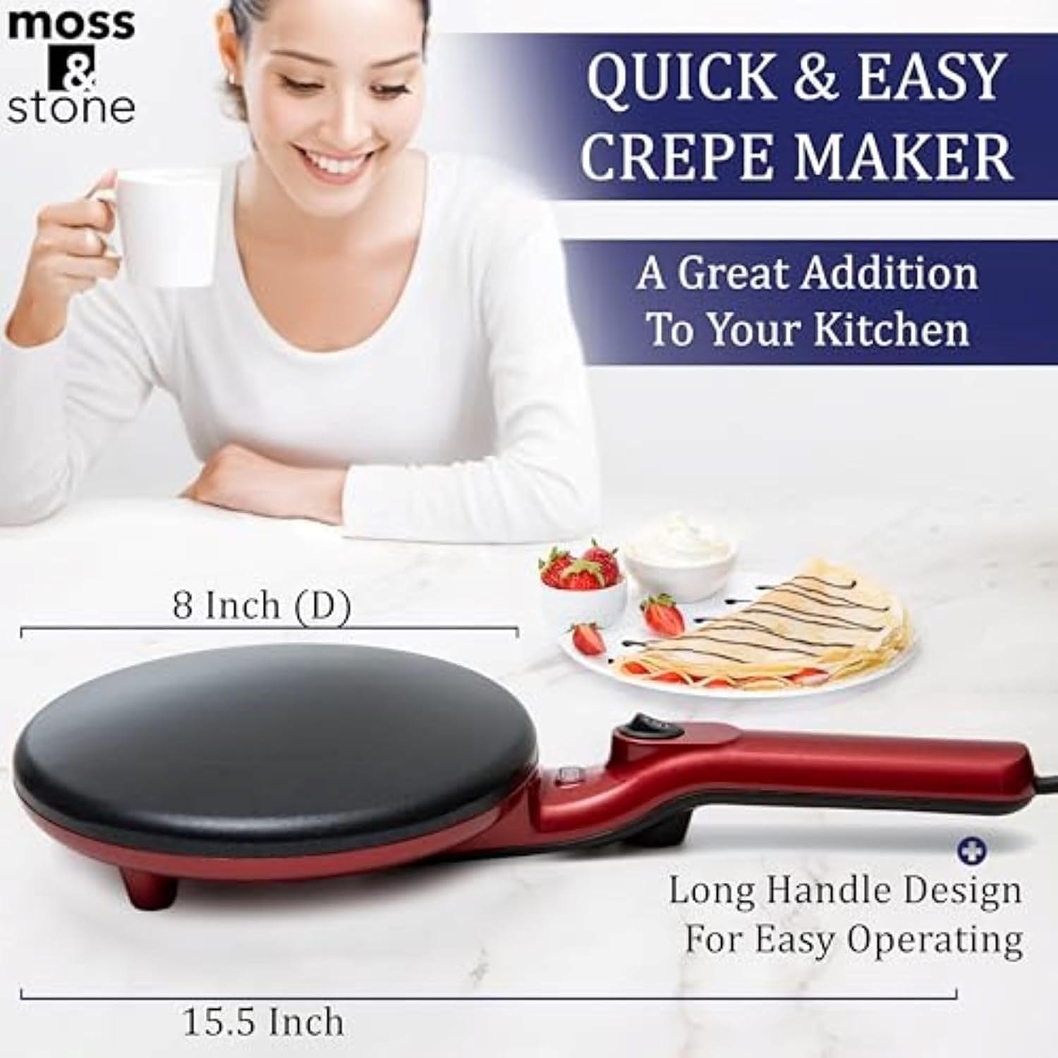 Moss and Stone red crepe maker with measurements showing an 8 inch plate and 15.5 inch overall length