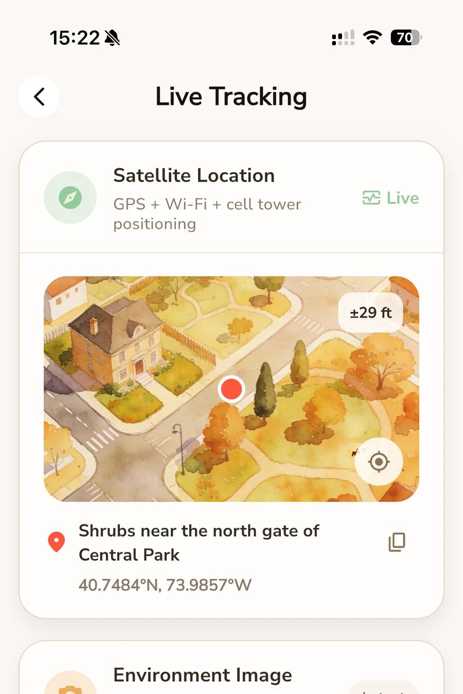 Ouren app Live Tracking screen with a satellite location and environment image