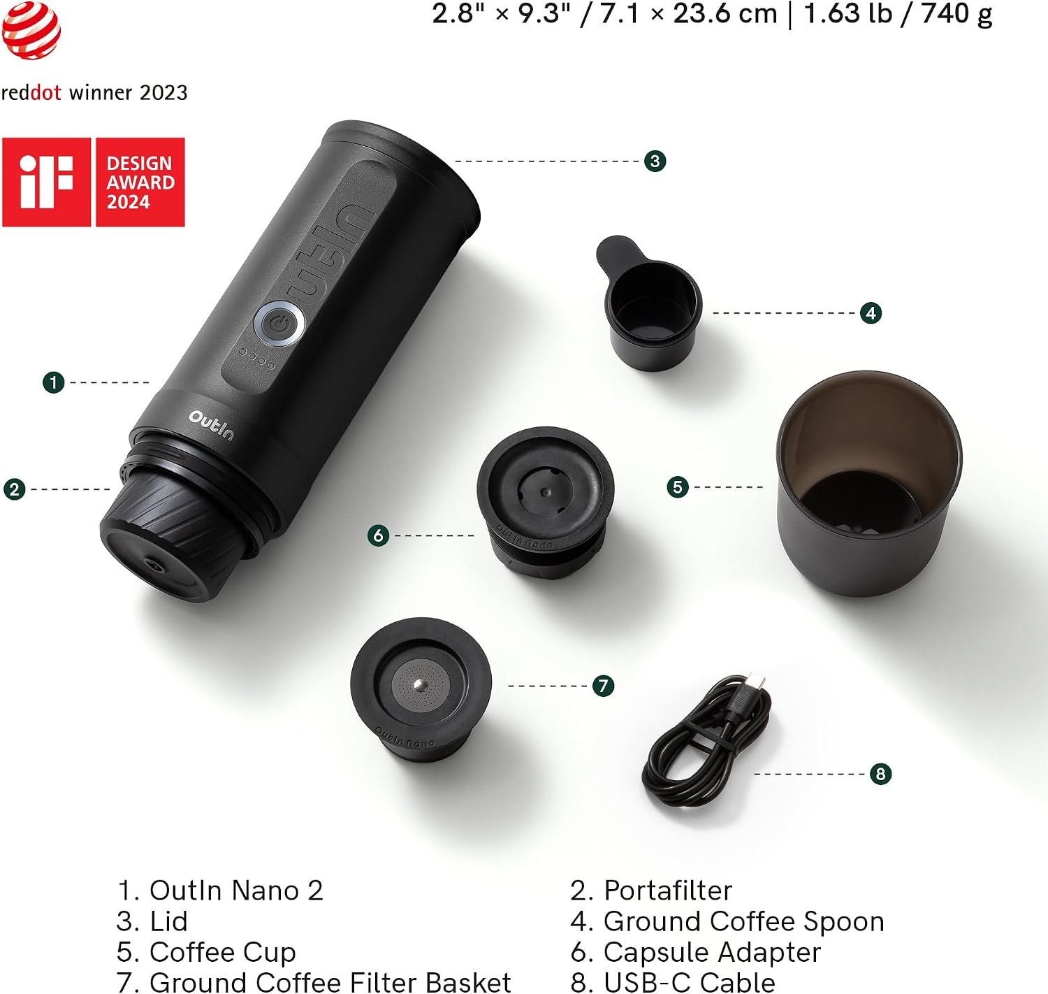 OutIn Nano 2 and its included accessories laid out