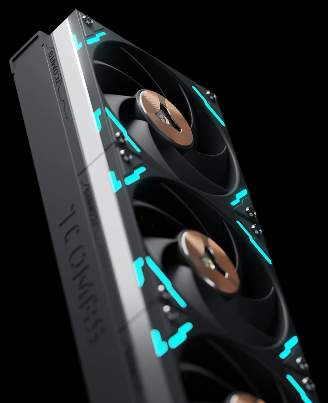 Close-up of TCOMAS LYNK 120 mm fans on the EXIT D3 Pro radiator