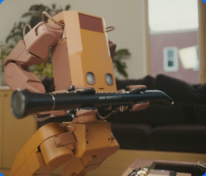 Voxel robot carrying a clarinet across a living room during a fetch demo