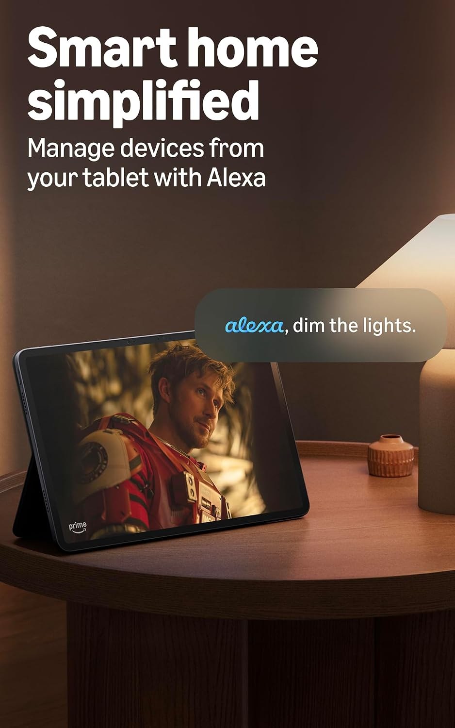 Alexa Tablet 12 Pro on a bedside table dimming the lights with Alexa+