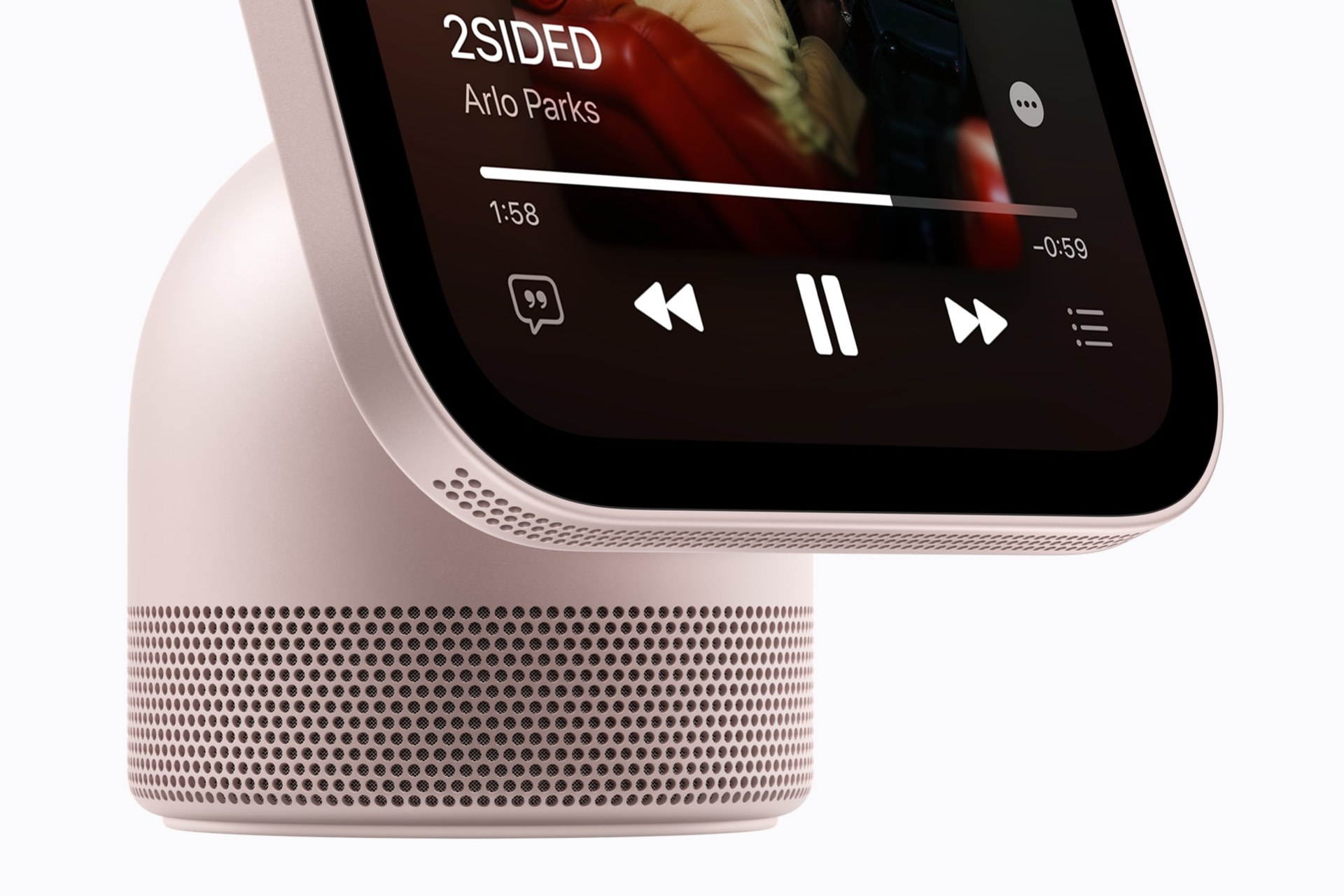 Rose pink Apple HomeView playing music above its domed speaker base