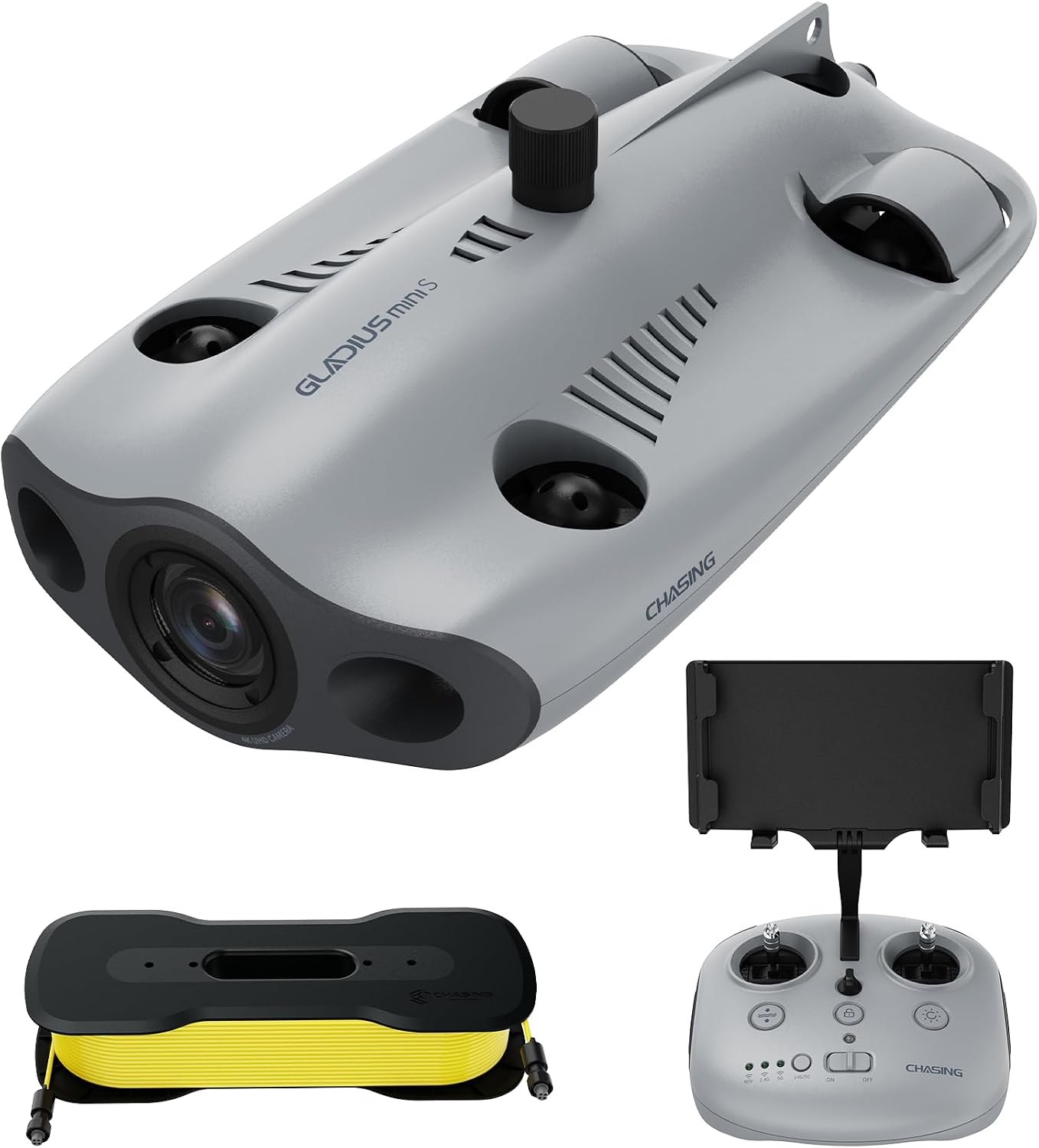 CHASING Gladius Mini S underwater drone in grey with its tether reel and remote controller